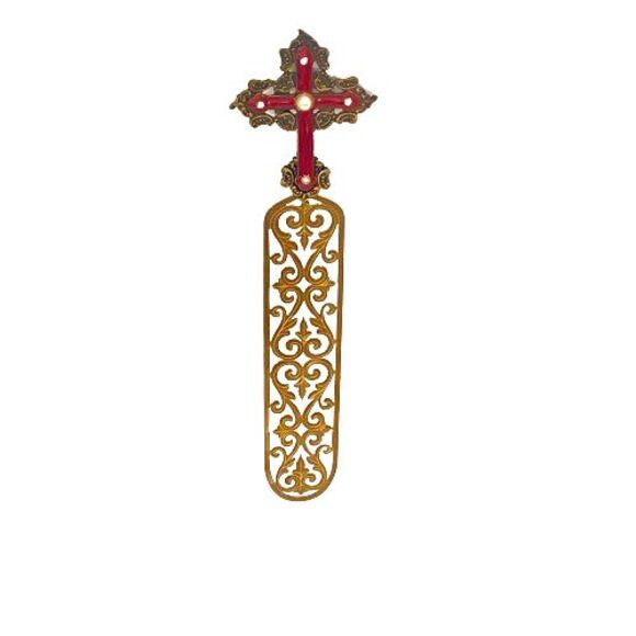 Vintage Bookmark Gold Toned Cross Faux Pearl Faux Diamonds Metal Filigree Base - Picture 8 of 15